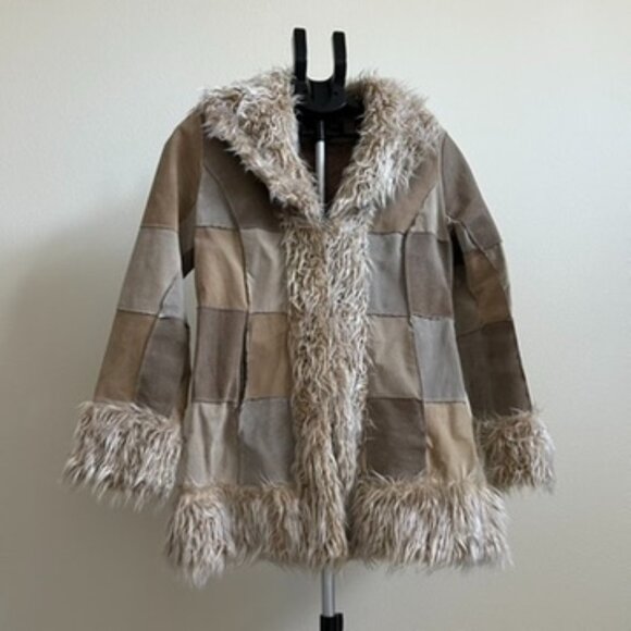BKE Diva Genuine Leather Patchwork Faux Fur Trim Jacket Women’s L Tan Beige Boho - Picture 1 of 7